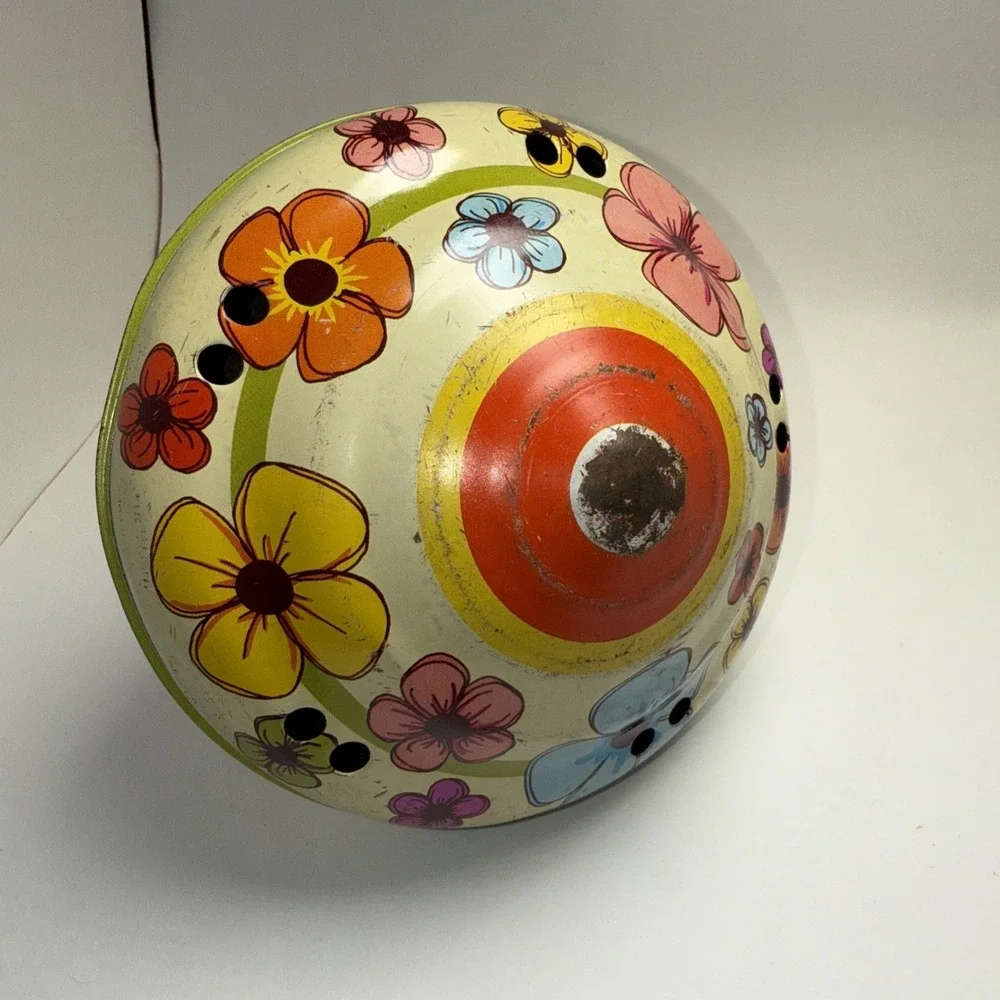 Vintage OHIO ART Tin Litho Toy Spinning Top Bluebird, Butterflies & Flowers